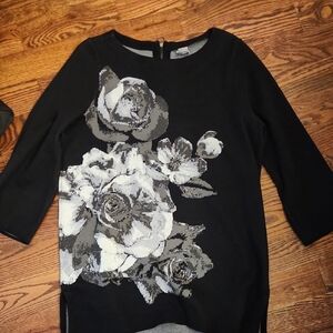 Chico's Black Floral Crew Neck Sweater